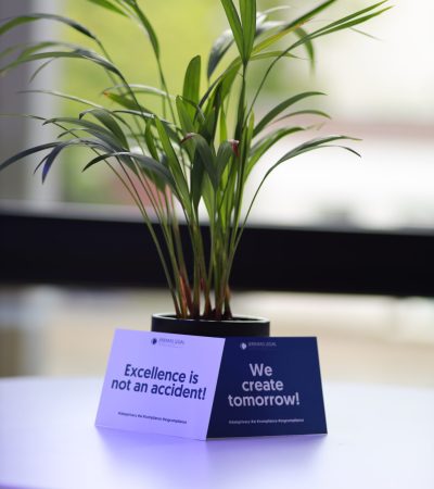 Grüne Pflanze, daran angelehnt zwei Postkarten. Auf der ersten Karte steht "Excellence is not an accident"; auf der zweiten Karte steht unser Motto "We create tomorrow!"